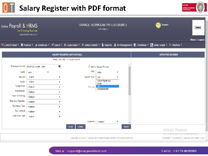 Salary Register with PDF format Mail us : support@orangewebtech. com Call Us : +