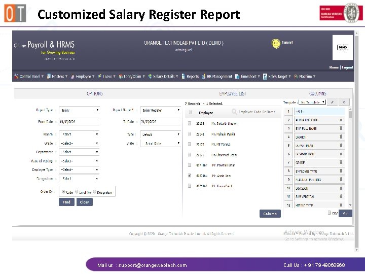 Customized Salary Register Report Mail us : support@orangewebtech. com Call Us : + 91
