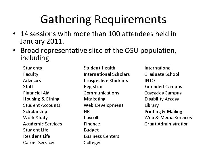 Gathering Requirements • 14 sessions with more than 100 attendees held in January 2011.