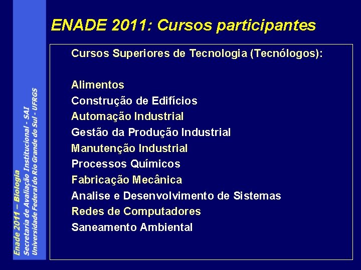 ENADE 2011: Cursos participantes Cursos Superiores de Tecnologia (Tecnólogos): Alimentos Construção de Edifícios Automação