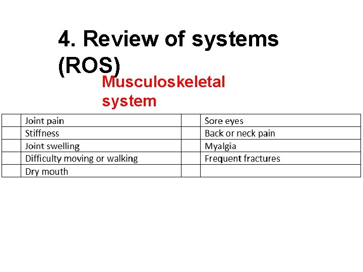 4. Review of systems (ROS) Musculoskeletal system 