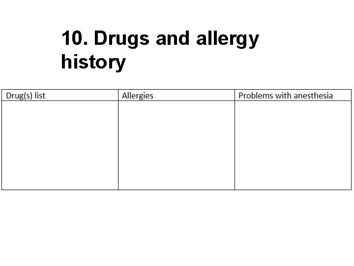 10. Drugs and allergy history 