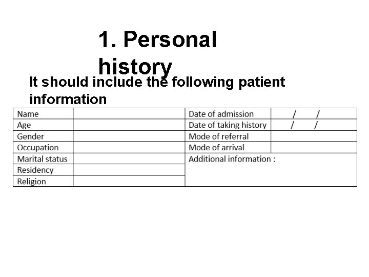 1. Personal history It should include the following patient information 