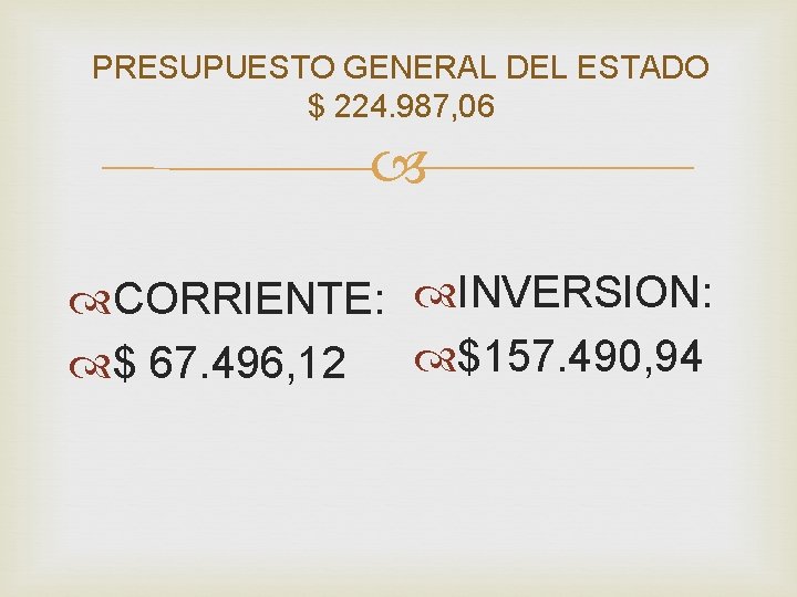 PRESUPUESTO GENERAL DEL ESTADO $ 224. 987, 06 CORRIENTE: INVERSION: $ 67. 496, 12