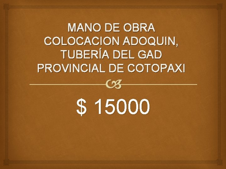MANO DE OBRA COLOCACION ADOQUIN, TUBERÍA DEL GAD PROVINCIAL DE COTOPAXI $ 15000 