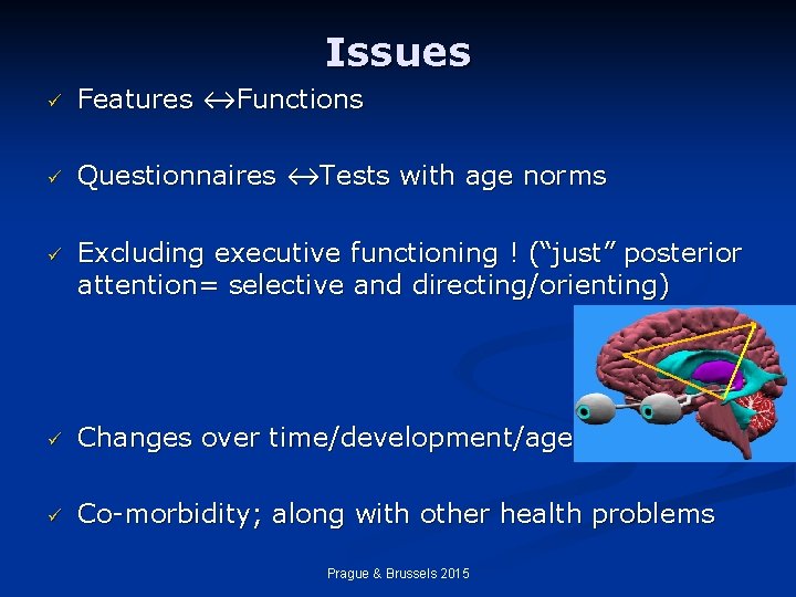 Issues ü Features ↔Functions ü Questionnaires ↔Tests with age norms ü Excluding executive functioning