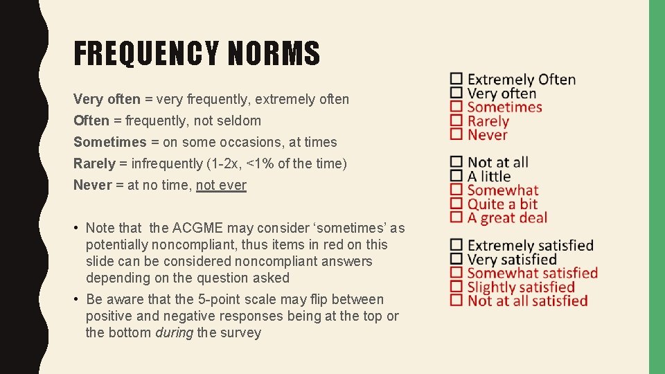 FREQUENCY NORMS Very often = very frequently, extremely often Often = frequently, not seldom