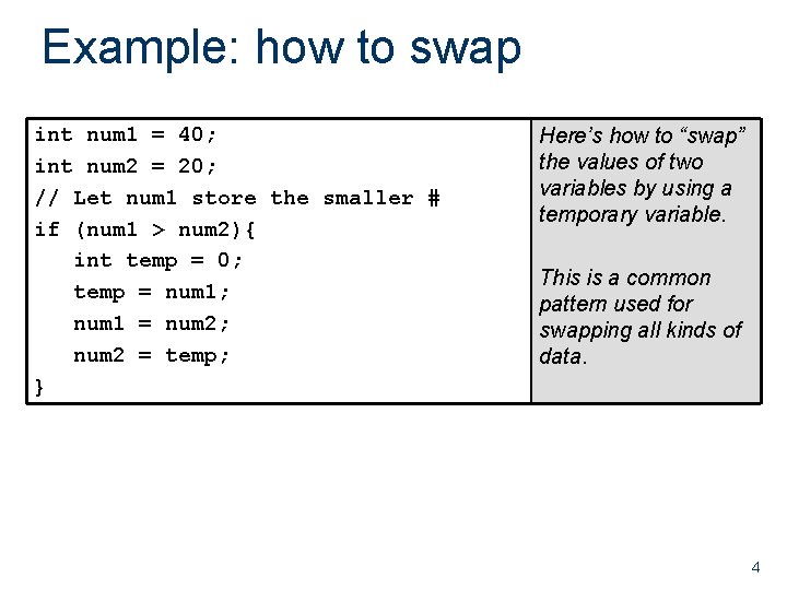 Example: how to swap int num 1 = 40; int num 2 = 20; Example: how to swap int num 1 = 40; int num 2 = 20;
