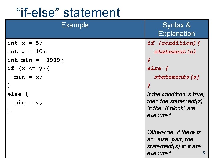 “if-else” statement Example int x = 5; int y = 10; int min = “if-else” statement Example int x = 5; int y = 10; int min =