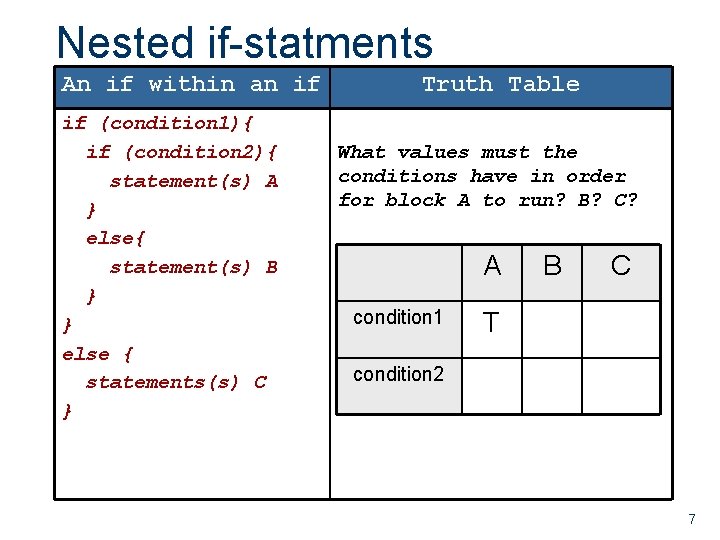 Nested if-statments An if within an if if (condition 1){ if (condition 2){ statement(s) Nested if-statments An if within an if if (condition 1){ if (condition 2){ statement(s)