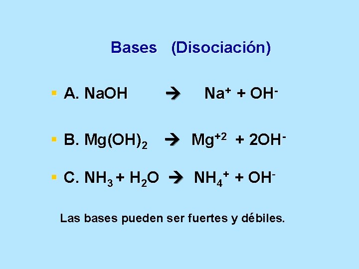 Bases (Disociación) § A. Na. OH § B. Mg(OH)2 Mg+2 + 2 OH- Na+