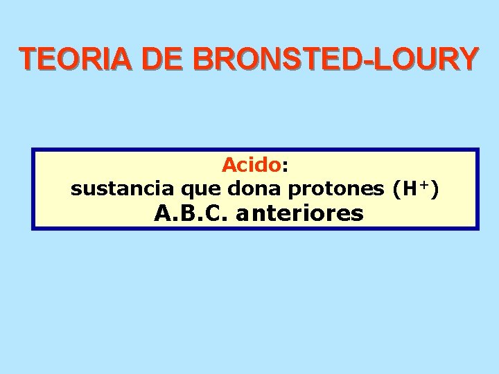 TEORIA DE BRONSTED-LOURY Acido: sustancia que dona protones (H+) A. B. C. anteriores 