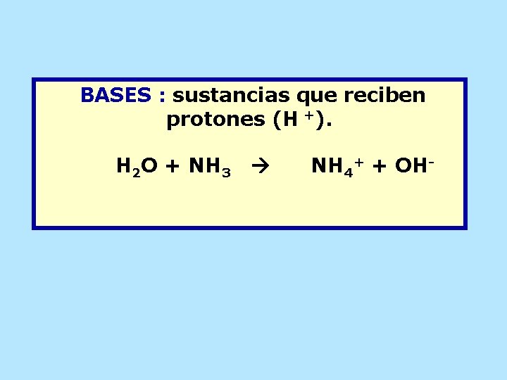 BASES : sustancias que reciben protones (H +). H 2 O + NH 3