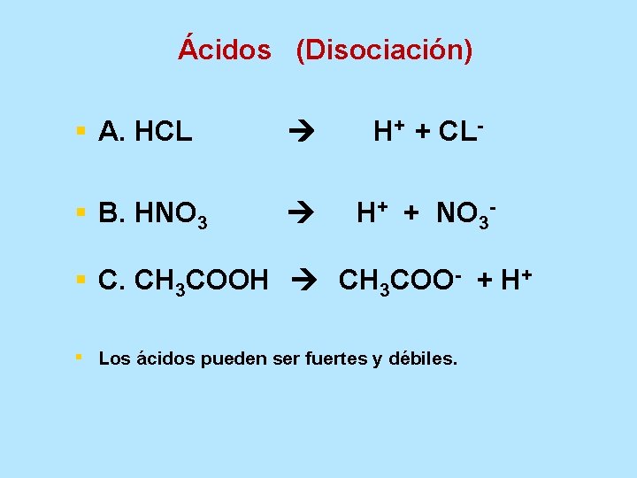 Ácidos (Disociación) § A. HCL H+ + CL- § B. HNO 3 H+ +