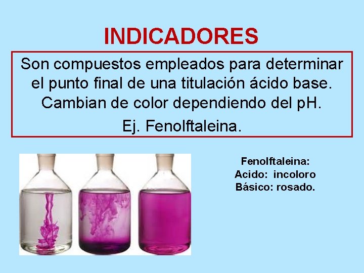 INDICADORES Son compuestos empleados para determinar el punto final de una titulación ácido base.