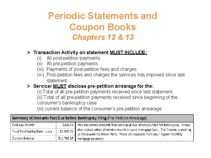 Periodic Statements and Coupon Books Chapters 12 & 13 Ø Transaction Activity on statement