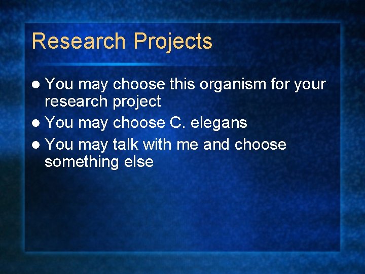 Research Projects l You may choose this organism for your research project l You