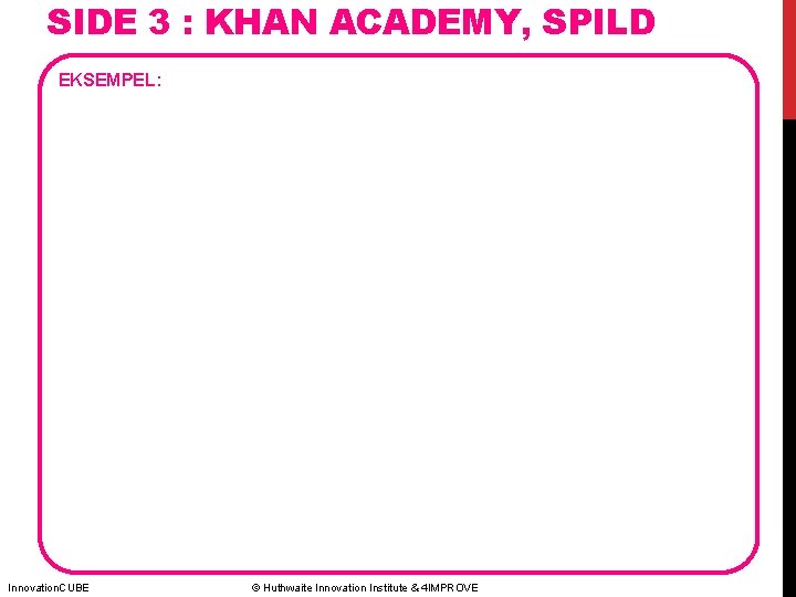 SIDE 3 : KHAN ACADEMY, SPILD EKSEMPEL: Innovation. CUBE © Huthwaite Innovation Institute &