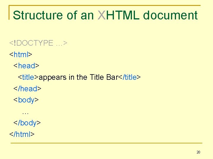 Structure of an XHTML document <!DOCTYPE …> <html> <head> <title>appears in the Title Bar</title>