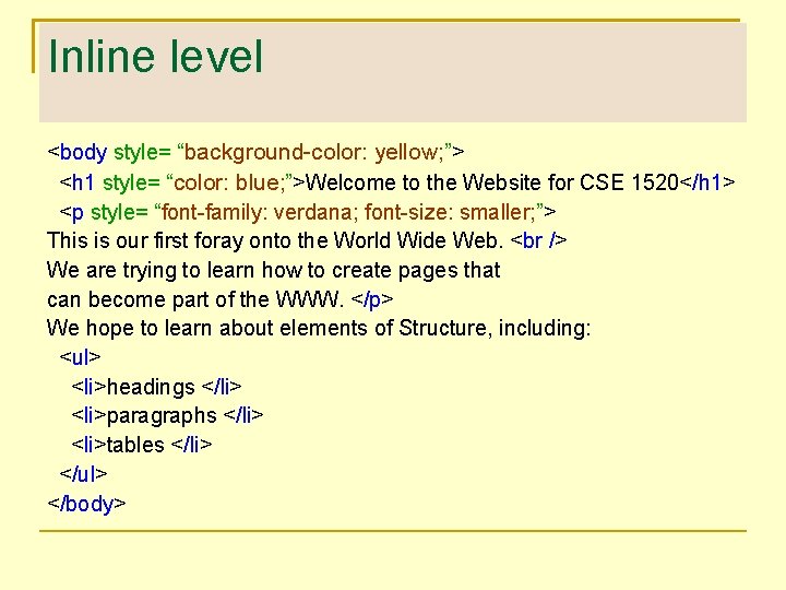 Inline level <body style= “background-color: yellow; ”> <h 1 style= “color: blue; ”>Welcome to