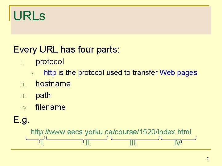 URLs Every URL has four parts: protocol I. • II. IV. http is the