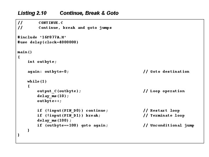 Listing 2. 10 // // Continue, Break & Goto CONTINUE. C Continue, break and