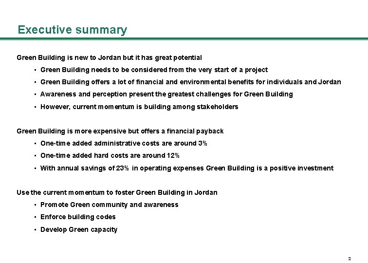 Executive summary Green Building is new to Jordan but it has great potential •