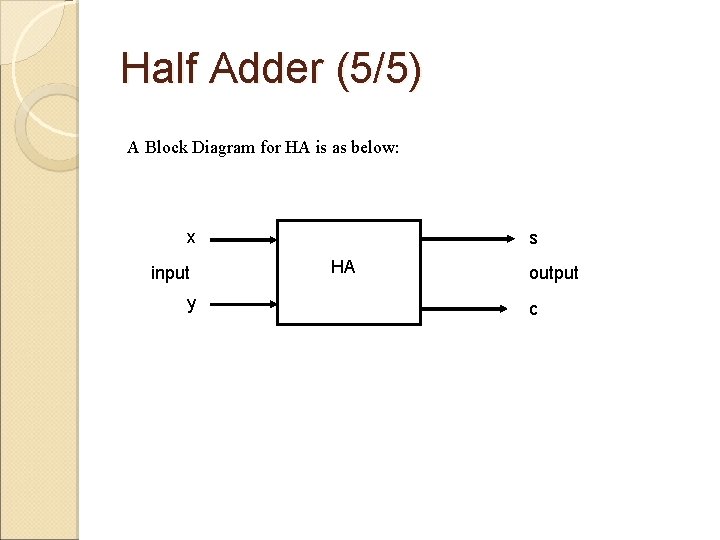 Half Adder (5/5) A Block Diagram for HA is as below: x input y