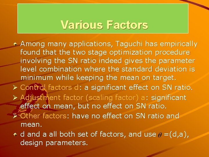 Various Factors Among many applications, Taguchi has empirically found that the two stage optimization Various Factors Among many applications, Taguchi has empirically found that the two stage optimization