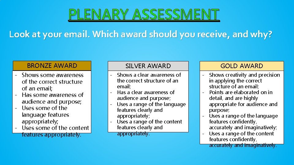 PLENARY ASSESSMENT Look at your email. Which award should you receive, and why? BRONZE