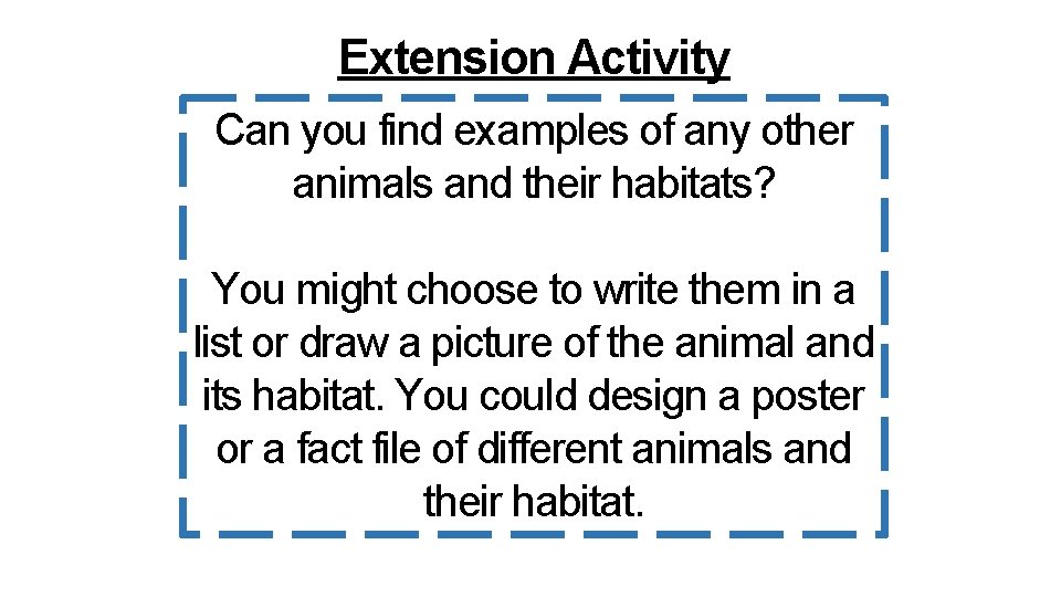 Extension Activity Can you find examples of any other animals and their habitats? You