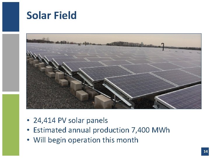 Solar Field • 24, 414 PV solar panels • Estimated annual production 7, 400
