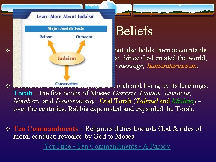 Judaism - Beliefs v God loves and protects his people, but also holds them