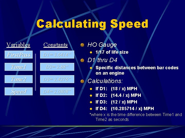 Calculating Speed Variables Constants First. Pass D 1= 3. 6414” Time 1 D 2=