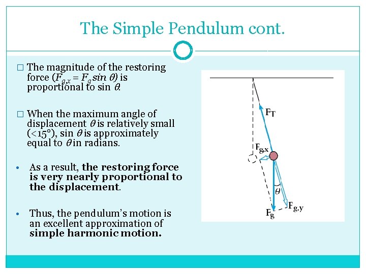 The Simple Pendulum cont. � The magnitude of the restoring force (Fg, x =