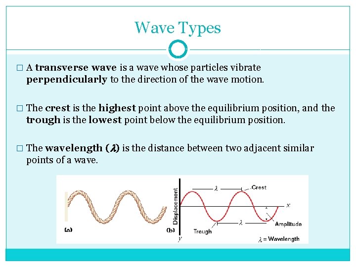 Wave Types � A transverse wave is a wave whose particles vibrate perpendicularly to