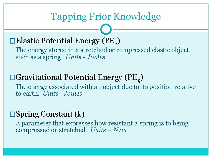 Tapping Prior Knowledge �Elastic Potential Energy (PEe) The energy stored in a stretched or