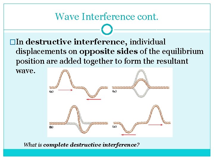 Wave Interference cont. �In destructive interference, individual displacements on opposite sides of the equilibrium