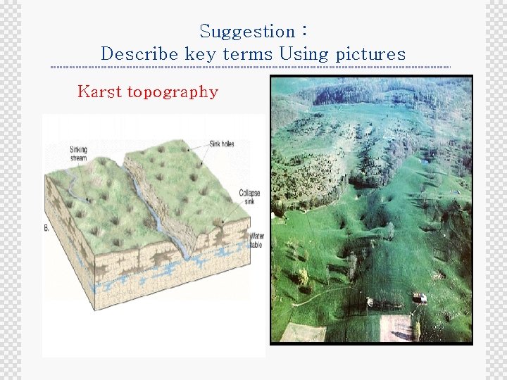 Suggestion : Describe key terms Using pictures Karst topography 