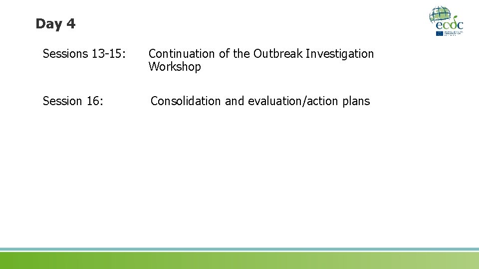 Day 4 Sessions 13 -15: Continuation of the Outbreak Investigation Workshop Session 16: Consolidation