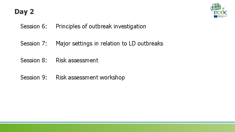 Day 2 Session 6: Principles of outbreak investigation Session 7: Major settings in relation