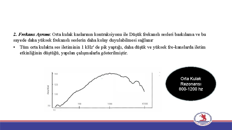 2. Frekans Ayrımı: Orta kulak kaslarının kontraksiyonu ile Düşük frekanslı sesleri baskılama ve bu