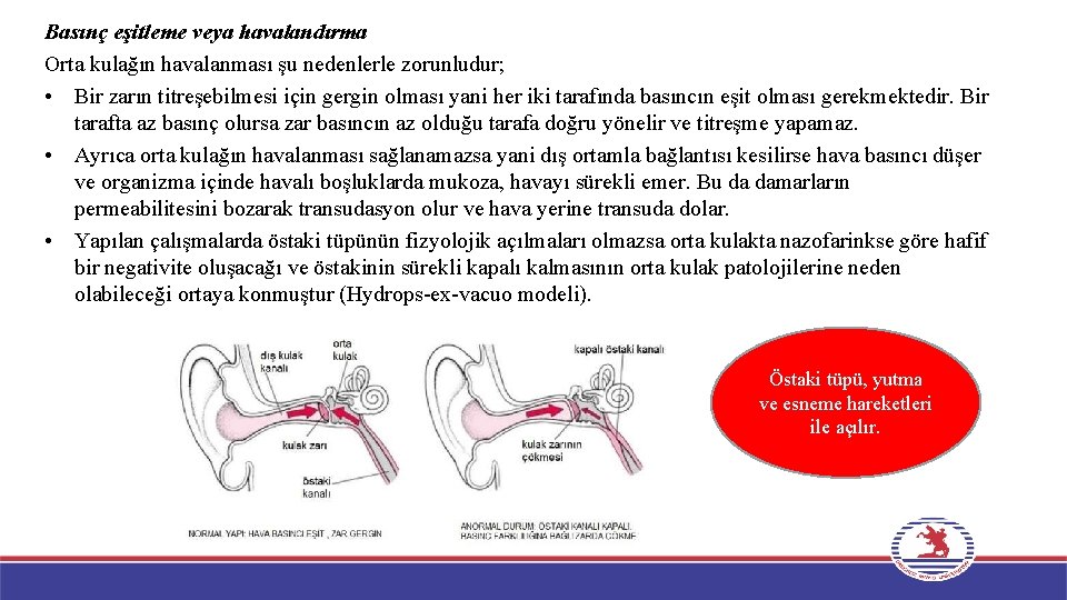 Basınç eşitleme veya havalandırma Orta kulağın havalanması şu nedenlerle zorunludur; • Bir zarın titreşebilmesi