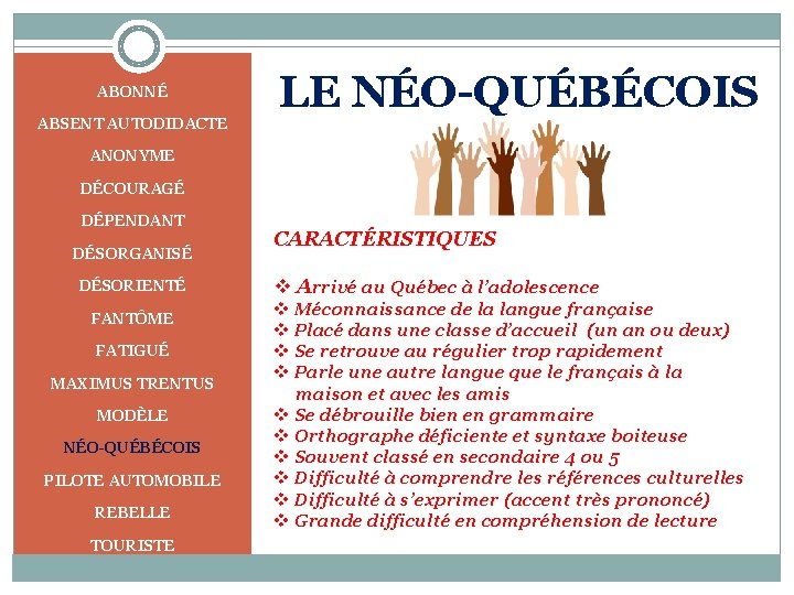 ABONNÉ ABSENT AUTODIDACTE LE NÉO-QUÉBÉCOIS ANONYME DÉCOURAGÉ DÉPENDANT DÉSORGANISÉ DÉSORIENTÉ FANTÔME FATIGUÉ MAXIMUS TRENTUS