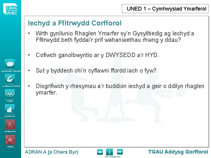 UNED 1 – Cymhwysiad Ymarferol Iechyd a Ffitrwydd Corfforol • Wrth gynllunio Rhaglen Ymarfer