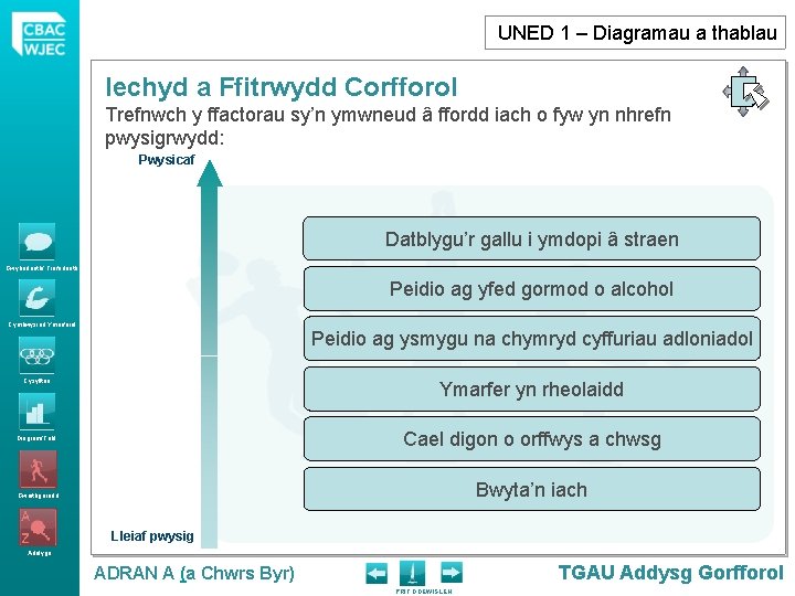 UNED 1 – Diagramau a thablau Iechyd a Ffitrwydd Corfforol Trefnwch y ffactorau sy’n