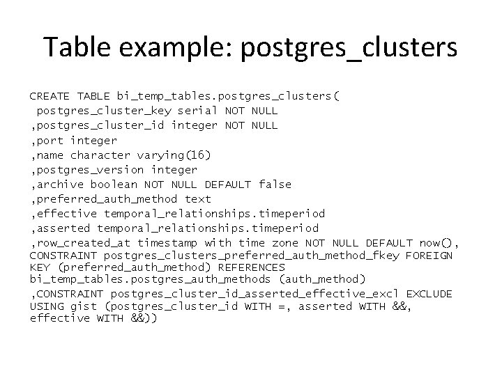 Table example: postgres_clusters CREATE TABLE bi_temp_tables. postgres_clusters( postgres_cluster_key serial NOT NULL , postgres_cluster_id integer