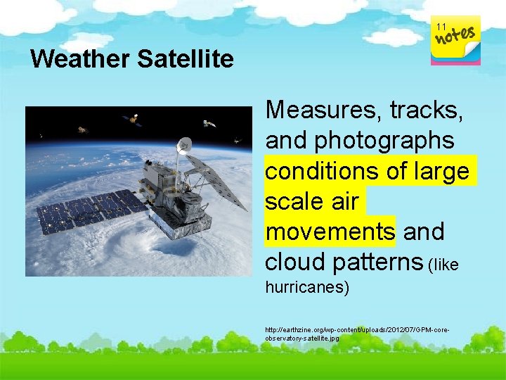 11 Weather Satellite Measures, tracks, and photographs conditions of large scale air movements and