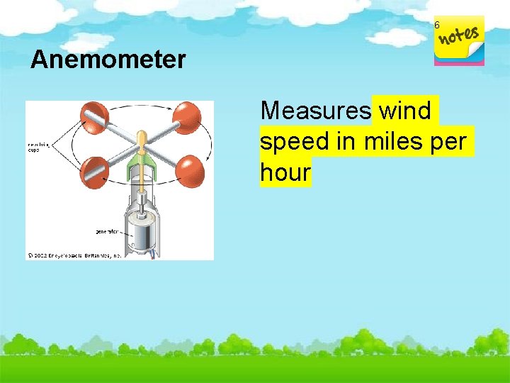 6 Anemometer Measures wind speed in miles per hour 