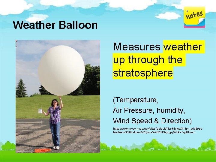 7 Weather Balloon Measures weather up through the stratosphere (Temperature, Air Pressure, humidity, Wind